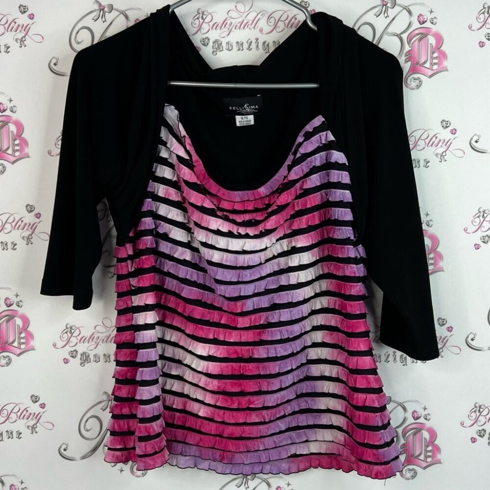 Bellissima long sleeve ruffle tiered ombré tie dye Black and Pink Striped Top